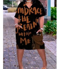 3D printed loose plus size v-neck mid-sleeve dress