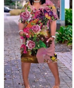 Flowers Print Plus Size V Neck Mid Sleeve Dress