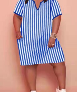 V-Neck Striped Plus Size Pocket Mini Dress