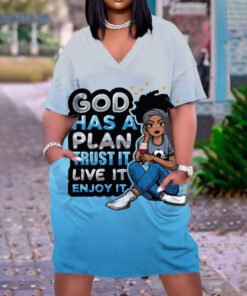 GOD HAS  A PLAN Print Plus Size V Neck Mid Sleeve Dress