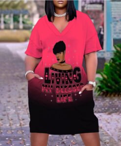 LIVING MY BLESSED LIFE Print Plus Size V Neck Mid Sleeve Dress