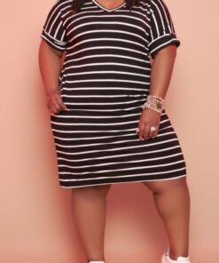 Fashion Casual Plus Size Striped Print Basic V Neck Short Sleeve Dress