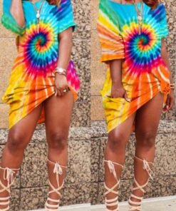 Tie Dye Plus Size Skew Neck Knotted Dress