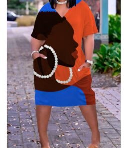 3D printed loose plus size v-neck mid-sleeve dress