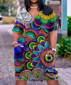 3D printed loose plus size v-neck mid-sleeve dress