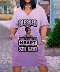 BLESSED Print Plus Size V Neck Mid Sleeve Dress