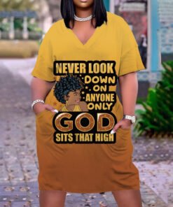 NEVER LOOK DOWN Print Plus Size V Neck Mid Sleeve Dress