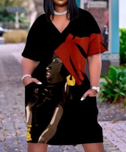 3D printed loose plus size v-neck mid-sleeve dress