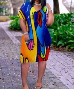 Abstract Print Plus Size V Neck Mid Sleeve Dress