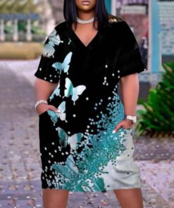 Butterfly Print Plus Size V Neck Mid Sleeve Dress