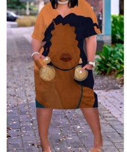 3D printed loose plus size v-neck mid-sleeve dress