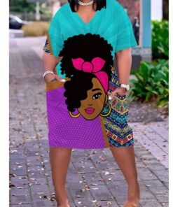 African Girl Print Plus Size V Neck Mid Sleeve Dress