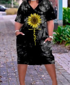 Sunflower  Summer Holiday Hem Print Sexy V-neck Women's Beach Dress