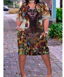 3D printed loose plus size v-neck mid-sleeve dress