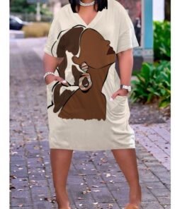 3D printed loose plus size v-neck mid-sleeve dress
