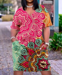 3D printed loose plus size v-neck mid-sleeve dress