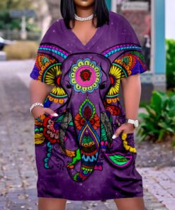 African tribe plus size v-neck mid-sleeve dress
