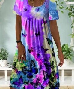 Butterfly skirt short sleeve round neck pleated print all-match dress