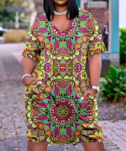 3D printed loose plus size v-neck mid-sleeve dress