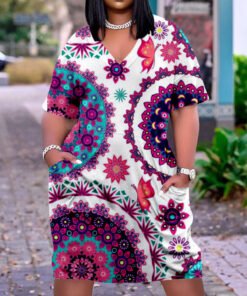 3D printed loose plus size v-neck mid-sleeve dress