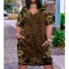 Leopard Print  Plus Size V Neck Mid Sleeve Dress