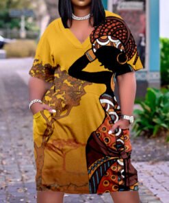 African Tribal Girl Print Plus Size V Neck Mid Sleeve Dress