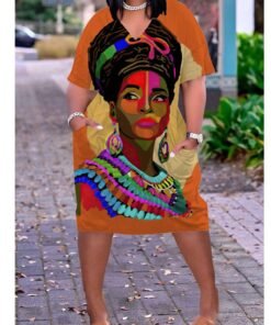 3D printed loose plus size v-neck mid-sleeve dress