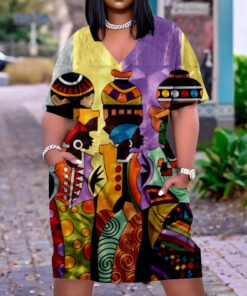 African Tribe Print Plus Size V Neck Mid Sleeve Dress