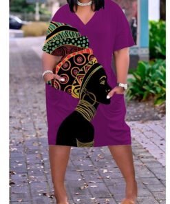 African Tribal Girl Print Plus Size V Neck Mid Sleeve Dress