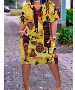 3D printed loose plus size v-neck mid-sleeve dress