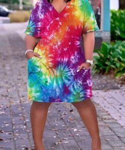 Rainbow Tie Dye V-neck Short Sleeve Dress