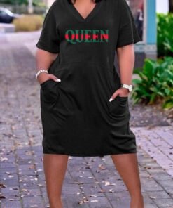 QUEEN  Print Plus Size V Neck Mid Sleeve Dress