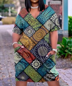 3D printed loose plus size v-neck mid-sleeve dress