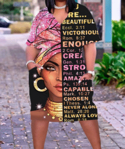 African Girl Print Plus Size V Neck Mid Sleeve Dress