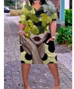 3D printed loose plus size v-neck mid-sleeve dress