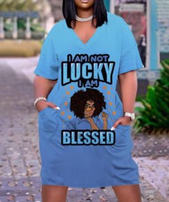 I Am Not lucky Print Plus Size V Neck Mid Sleeve Dress
