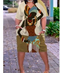 African Girl Plus Size V-neck Mid-sleeve Dress