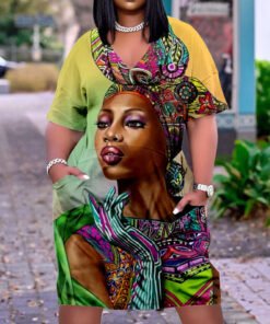 3D printed loose plus size v-neck mid-sleeve dress