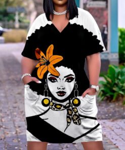 3D printed loose plus size v-neck mid-sleeve dress