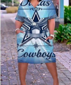 COWBOYS Print Plus Size V Neck Mid Sleeve Dress