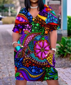 Flowers Print Plus Size V Neck Mid Sleeve Dress
