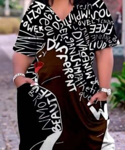 DIFFERENT Print Plus Size V Neck Mid Sleeve Dress