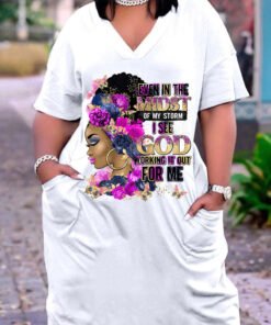 African Girl Print Plus Size V Neck Mid Sleeve Dress
