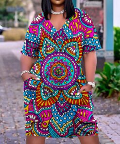 3D printed loose plus size v-neck mid-sleeve dress