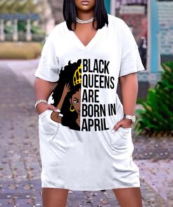 BLACK QUEENS ARE BORN IN APRIL  Print Plus Size V Neck Mid Sleeve Dress