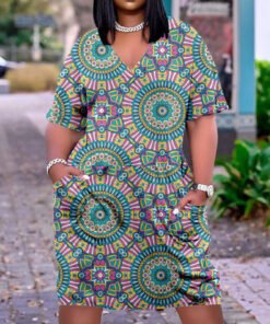 3D printed loose plus size v-neck mid-sleeve dress