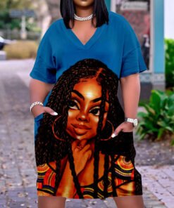 3D printed loose plus size v-neck mid-sleeve dress