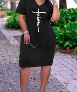 3D printed loose plus size v-neck mid-sleeve dress