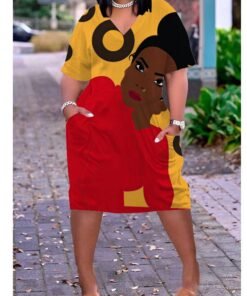 3D printed loose plus size v-neck mid-sleeve dress