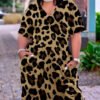 Leopard print  plus size v-neck mid-sleeve dress